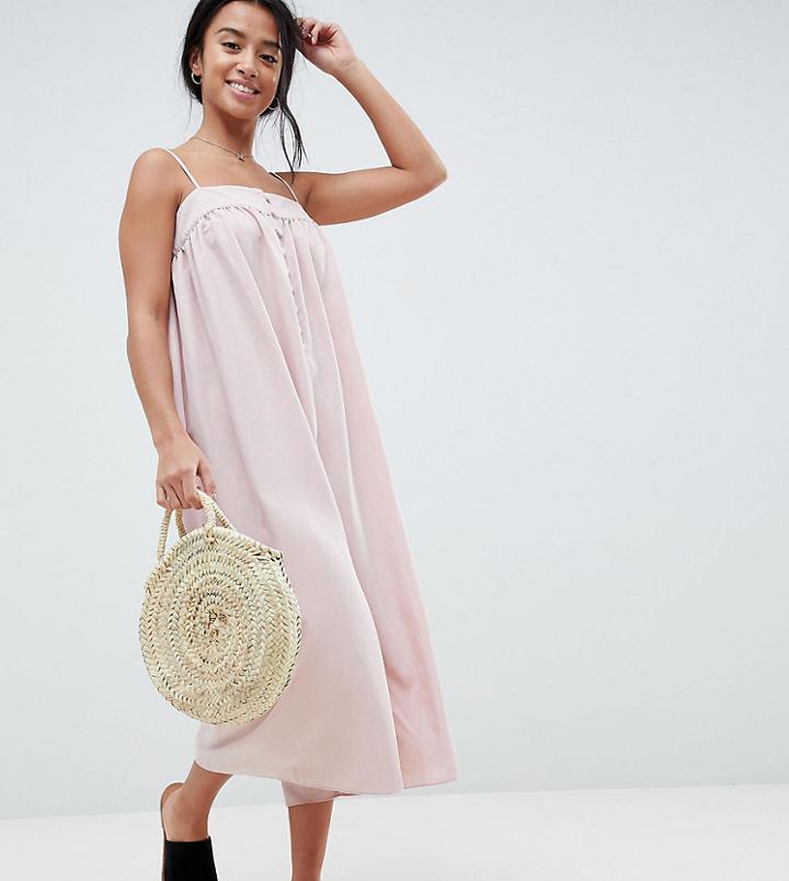 Asos Design Petite Minimal Cami Jumpsuit With Button Detail-pink