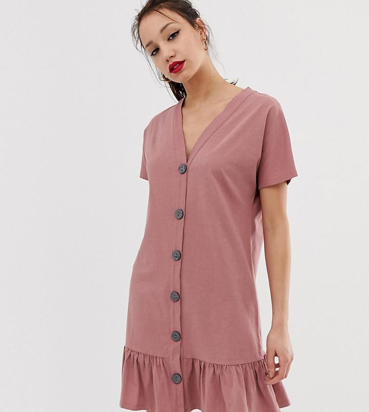 Asos Design Tall Button Through Slubby Mini Dress With Pep Hem-pink