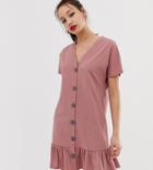 Asos Design Tall Button Through Slubby Mini Dress With Pep Hem-pink
