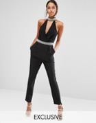 Tfnc High Neck Plunge Jumpsuit With Embellished Trim - Black