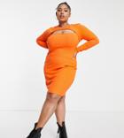 Asos Design Curve Twist Front Ribbed Mini Dress In Orange