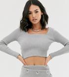 Another Reason Square Neck Crop Top In Chunky Rib Two-piece - Gray