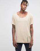 Asos Longline T-shirt In Textured Slub With Ladder Distressing In Beige - Blonde