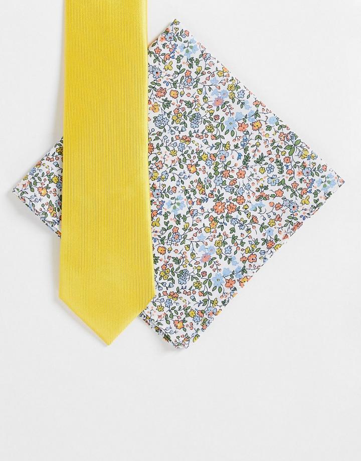 Gianni Feraud Floral Print Pocket Square And Plain Tie Set-yellow
