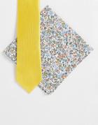 Gianni Feraud Floral Print Pocket Square And Plain Tie Set-yellow