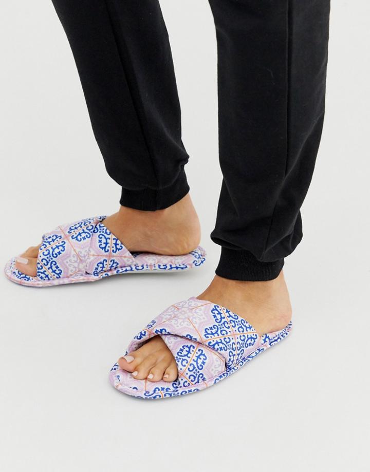 Asos Design Zest Cross Strap Satin Slippers In Multi Print