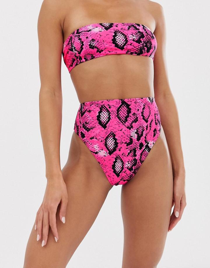Asos Design Mix And Match High Leg High Waist Bikini Bottom In Pink Neon Snake Print - Pink