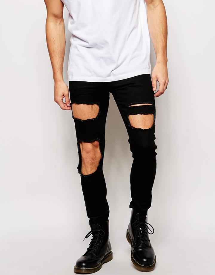 Asos Super Skinny Jeans With Open Rips - Black