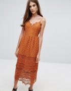 Warehouse Lace Tiered Dress - Brown