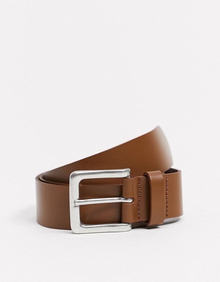 Asos Design Leather Wide Belt In Tan With Burnished Silver Buckle-brown