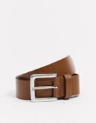 Asos Design Leather Wide Belt In Tan With Burnished Silver Buckle-brown