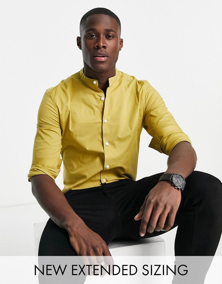 Asos Design Skinny Fit Shirt With Grandad Collar In Mustard-yellow