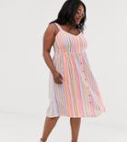 New Look Curve Linen Stripe Midi Dress In Pink Pattern