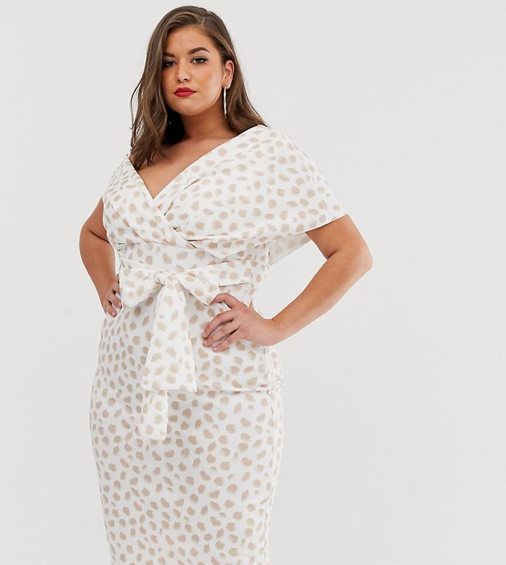 Asos Design Curve Fallen Shoulder Midi Pencil Dress With Tie Detail In Smudge Print - Multi