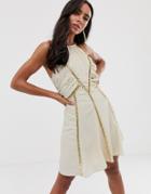 Asos Design Mini Dress With Ruched Bodice And Chain Inserts - Cream