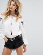 Honey Punch Off Shoulder Long Sleeve Top With Embroidery And Tassel Trim - White