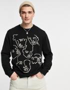 Only & Sons Oversized Crew Neck Sweater With Sketch Print In Black