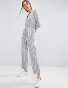 Asos Jumpsuit In Twill With Cold Shoulder And Waist Detail In Stripe - Gray