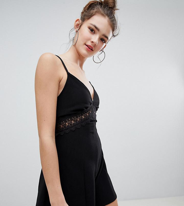 Bershka Lace Insert Romper In Black