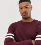 Asos Design Tall Organic Long Sleeve T-shirt With Stretch With Contrast Sleeve Stripe In Burgundy - Red