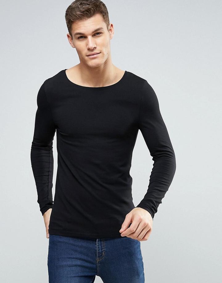 Asos Extreme Muscle Long Sleeve T-shirt With Boat Neck In Black - Black