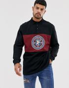 Asos Design Relaxed Long Sleeve Polo With Color Blocking And Front Emblem-black