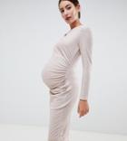 Flounce London Maternity Midi Dress With Ruched Side In Summer Metallic-pink