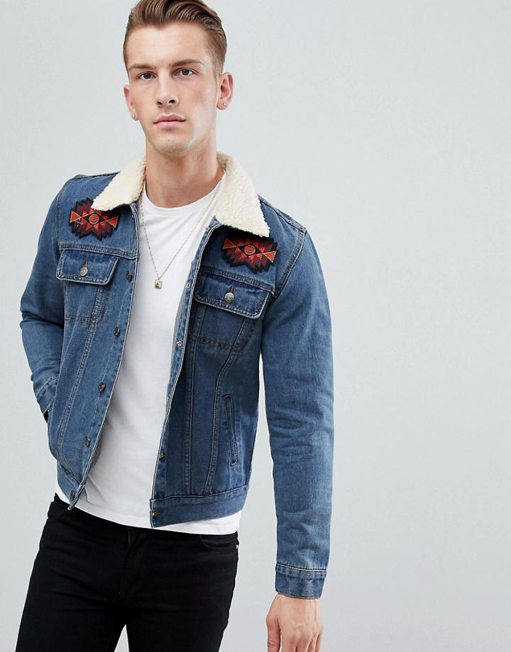 Boohooman Denim Jacket With Fleece Collar In Blue Wash - Blue