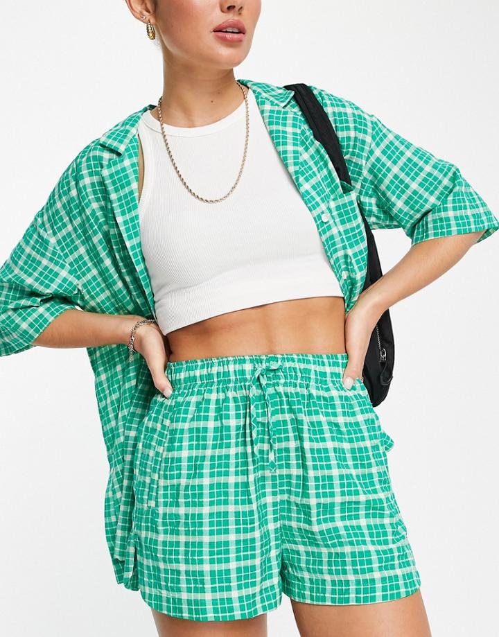 Topshop Woven Runner Short In Green Check - Part Of A Set
