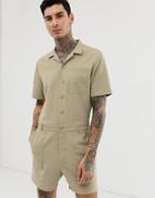 Asos Design Slim Utility Short Boilersuit In Washed Stone Canvas - Stone