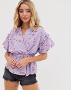 Asos Design Wrap Top With Ruffle Detail In Ditsy Floral Print-multi