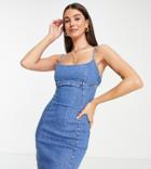 Asos Design Tall Denim Fitted Pinny Dress In Midwash-blue
