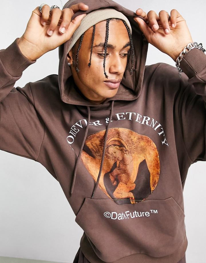 Asos Dark Future Oversized Hoodie With Front Graphic Print And Logo In Brown - Part Of A Set