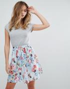 Qed London Floral Skirt Detail Skater Dress - Blue