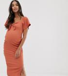 Asos Design Maternity Exclusive Midi Textured Ruched Bodycon Dress With Bunny Ties - Red