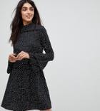 Influence Tall High Neck Flared Sleeve Polka Dot Dress - Black