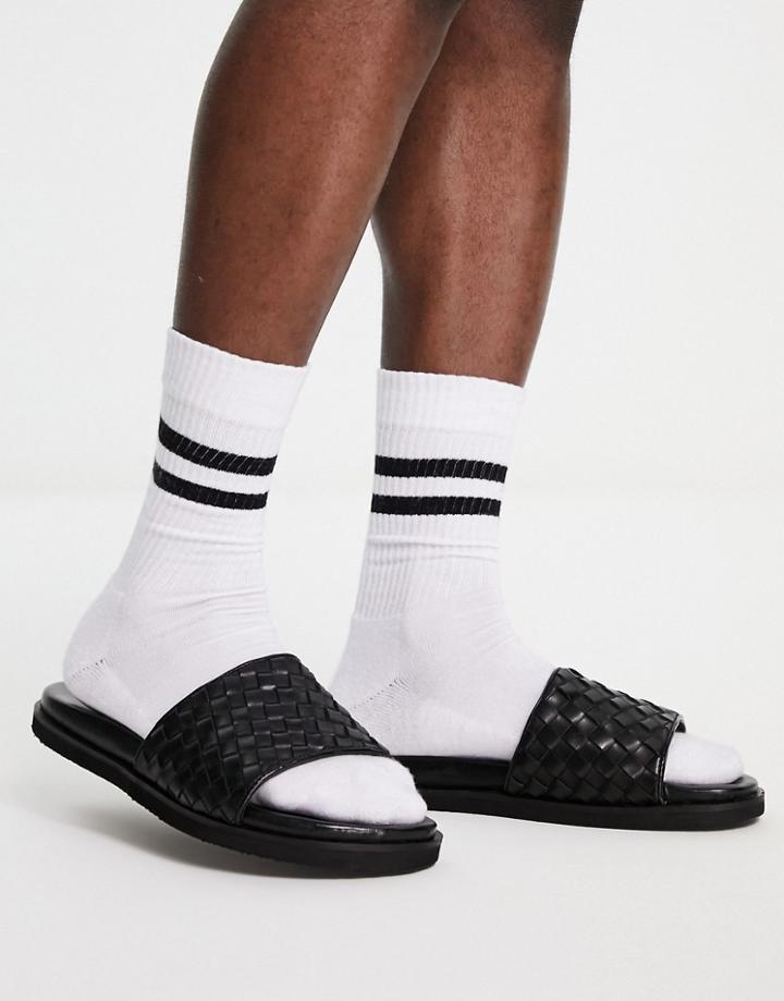 Red Tape Woven Slides In Black Leather