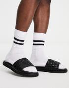 Red Tape Woven Slides In Black Leather