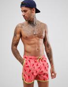 Asos Design Runner Swim Shorts With Watermelon Lolly Print In Short Length - Red