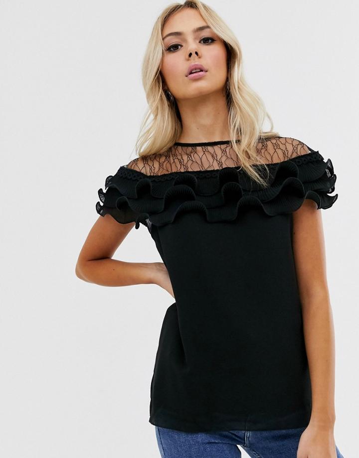 New Look Lace Detail Pleated Blouse In Black