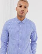 Asos Design Long Sleeve Regular Fit Stripe Shirt In Super Longline-blue