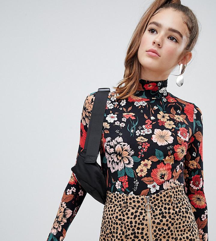 Monki Floral Print Roll Neck Jersey Top In Black - Multi