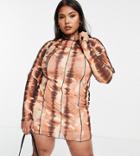 Asos Design Curve Long Sleeve Mesh Dress With Exposed Seams In Brown Tie Dye