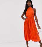 Asos Design Tall Halter Pleated Waisted Midi Dress-orange