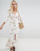 Asos Design Lace Insert Button Through Maxi Dress In Soft Floral - Multi