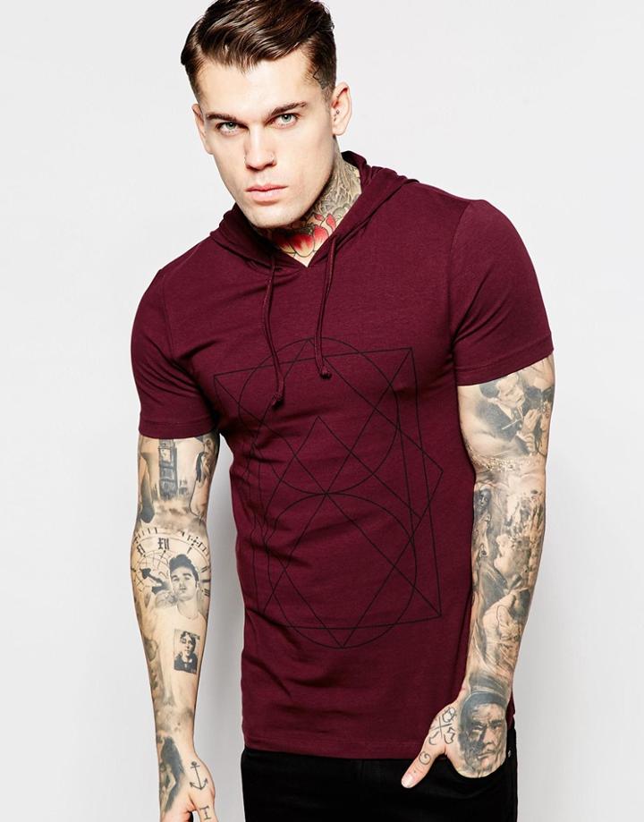 Asos Muscle T-shirt With Hood And Geo Print - Oxblood