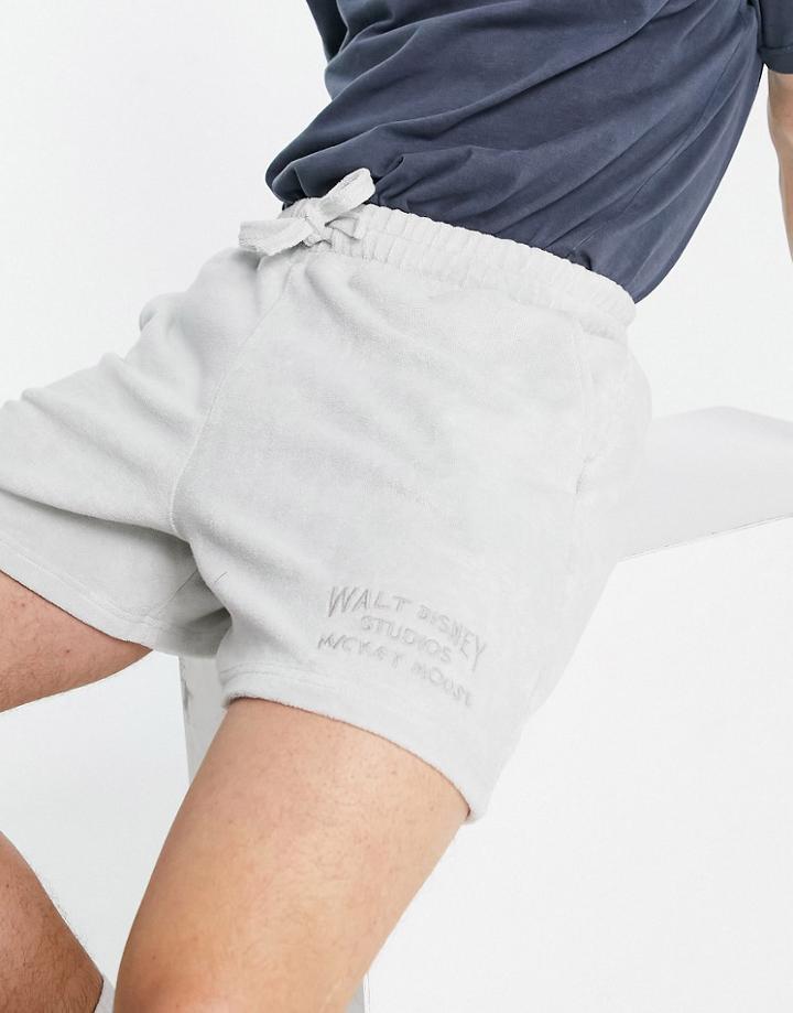 Asos Design Set Towelling Shorts With Mickey Print In Charcoal-gray