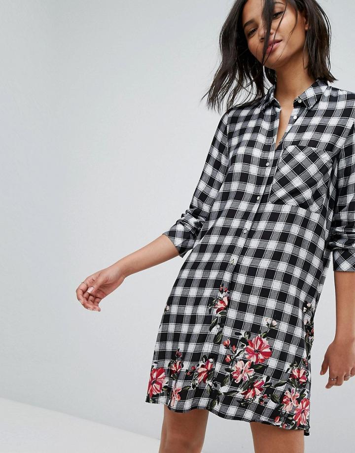 Stradivarius Check Mini Shirt Dress With Floral Print - Multi