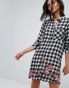 Stradivarius Check Mini Shirt Dress With Floral Print - Multi