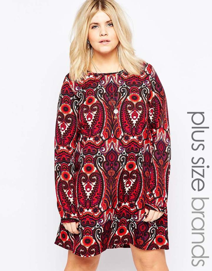 Brave Soul Plus Shift Dress In 70's Print - Red